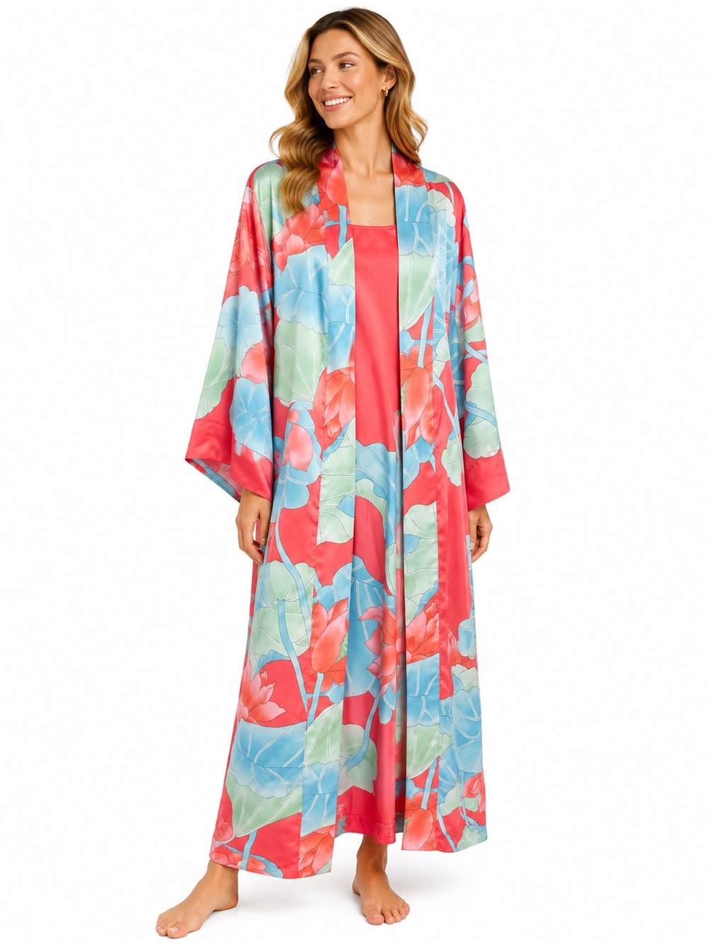 Natori Private Luxuries Floral Satin Robe & Nightgown Set Pink Blue Tropical S/M